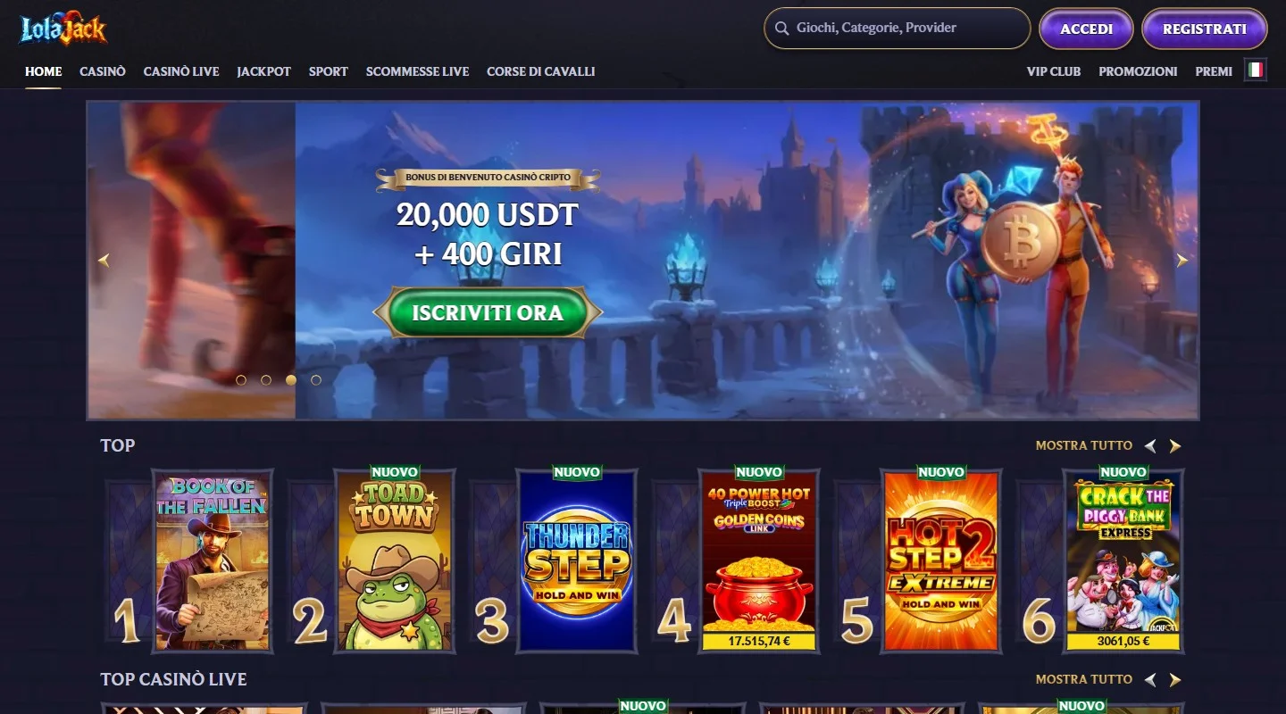 casino non aams paypal: la homepage del casinò LolaJack