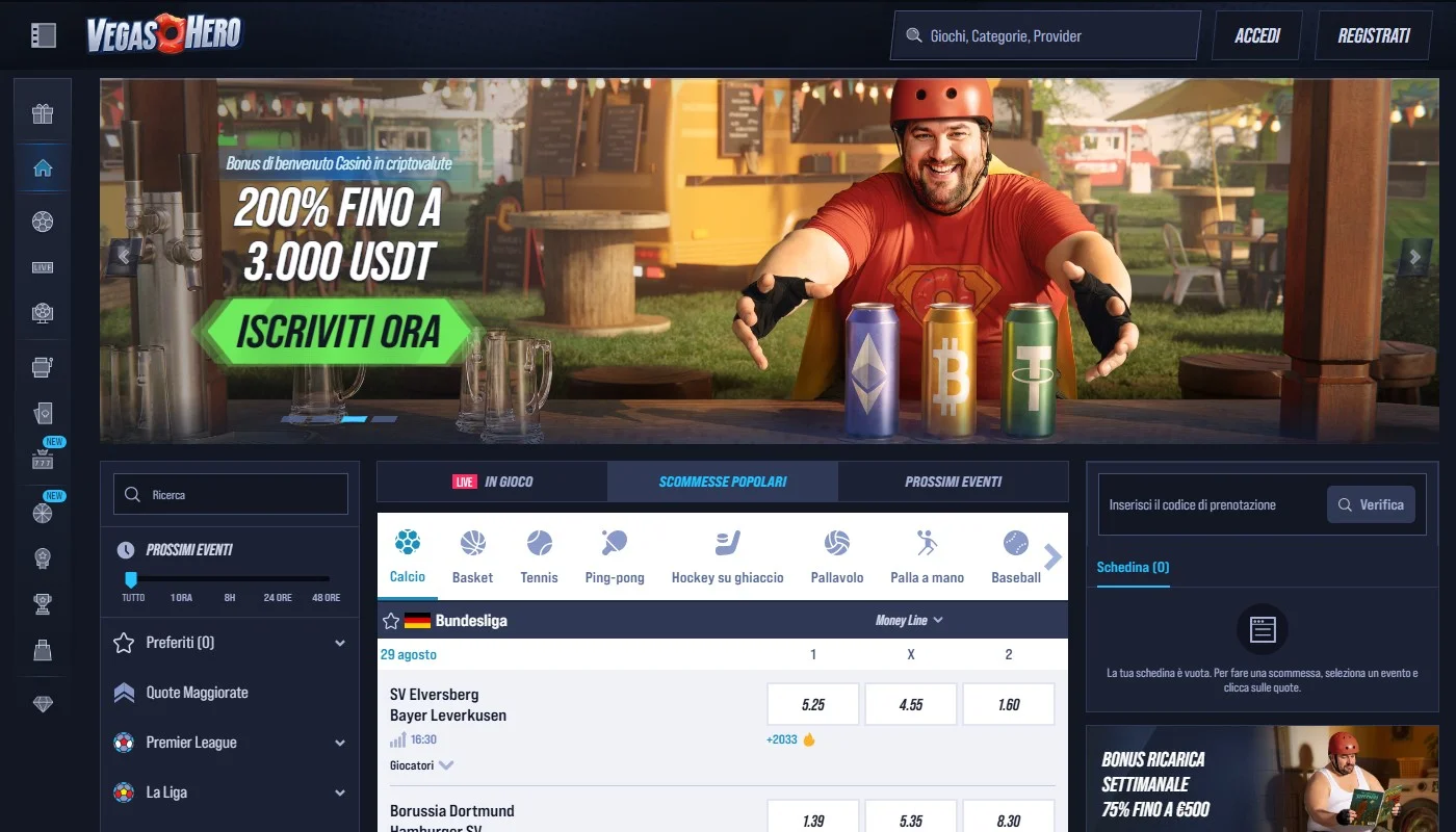 casino non aams che accettano paypal: la homepage del casinò VegasHero